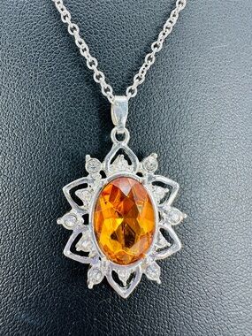 SAO Sunny Citrine Color Starburst Pendant Necklace Silver tone Delicate Chain 16